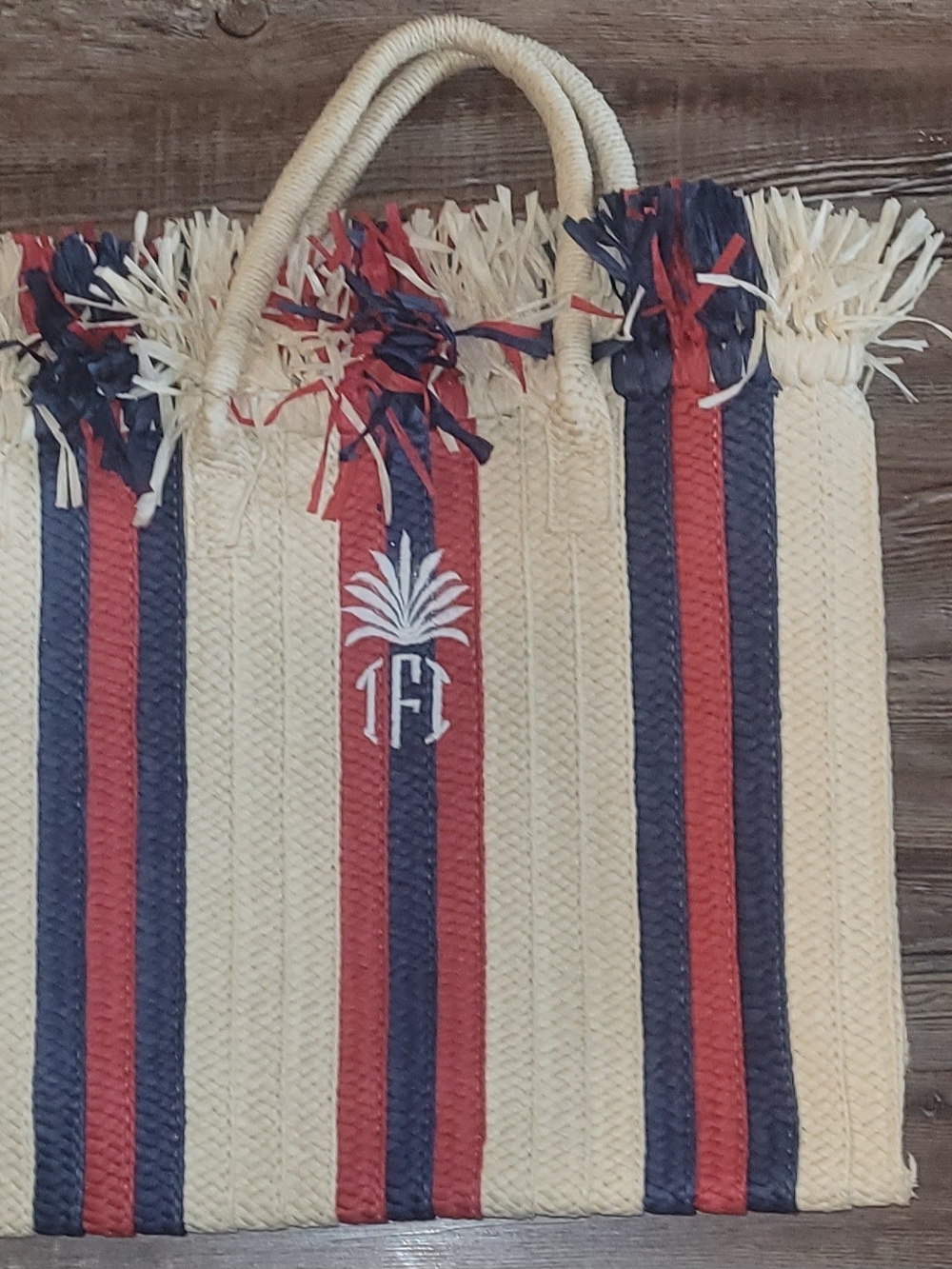 Mark & Graham Navy, Red and Cream Striped Raffia Tote